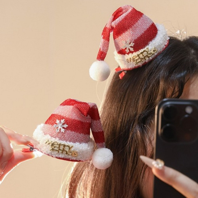 2개) 빅사이즈 산타모자 크리스마스 머리핀 집게핀 연말파티룩 소품 파티용품