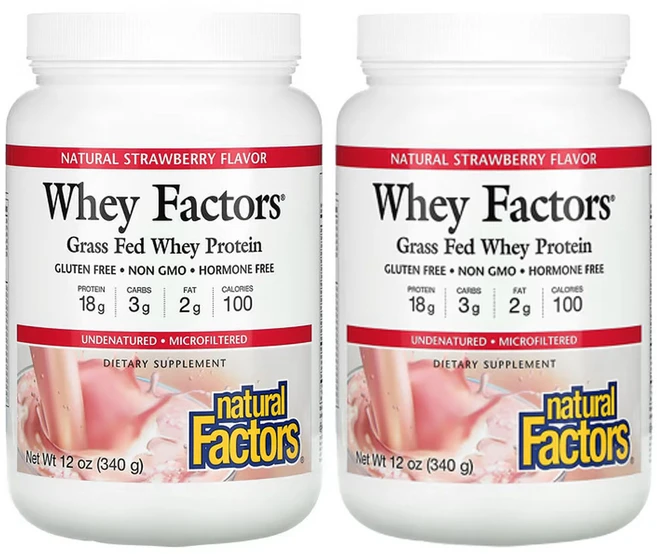 내추럴팩터스 Grass Fed 웨이 프로틴 유청 단백질 딸기 340g 2개 락토페린 알부민 락토 글로불린 페닐 알라닌 루신 글라이신 트레오닌 트립토판 히스티딘 아스파르트산 티로신, 2팩 - 쿠팡