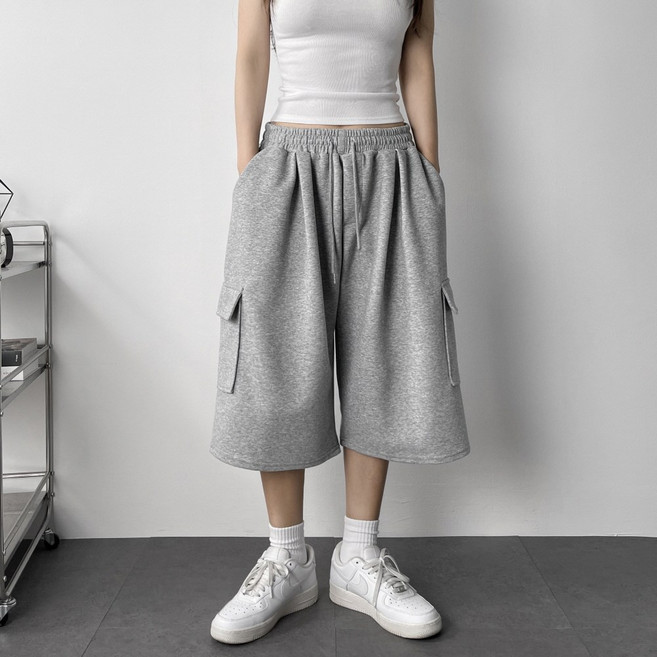 레이디스룸 남여공용 벌룬 핀턱 카고 7부 와이드 트레이닝 빅사이즈 버뮤다팬츠 츄리닝 반바지