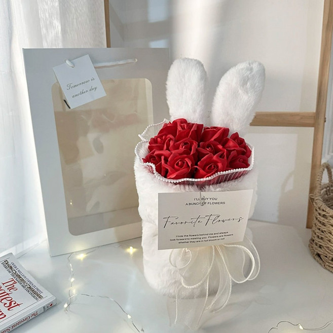 유니팡 귀여운 토끼 모양 비누 장미 꽃다발, 1개, 화이트 레드