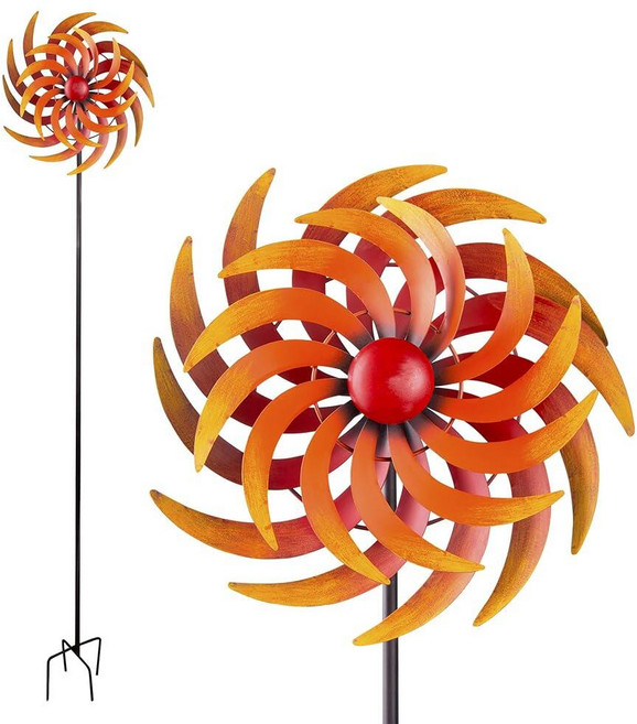 인 코퍼레이션 75인치 높이의 야외 듀얼 메탈 러스틱 가든 키네틱 윈드 지분 레드 앤 오렌지, 75 Tall Red and Orange