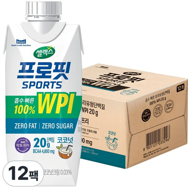 셀렉스 프로핏 스포츠 웨이프로틴 WPI 코코넛 드링크 단백질 음료 무설탕 무지방 분리유청단백질, 12개, 330ml - 쿠팡