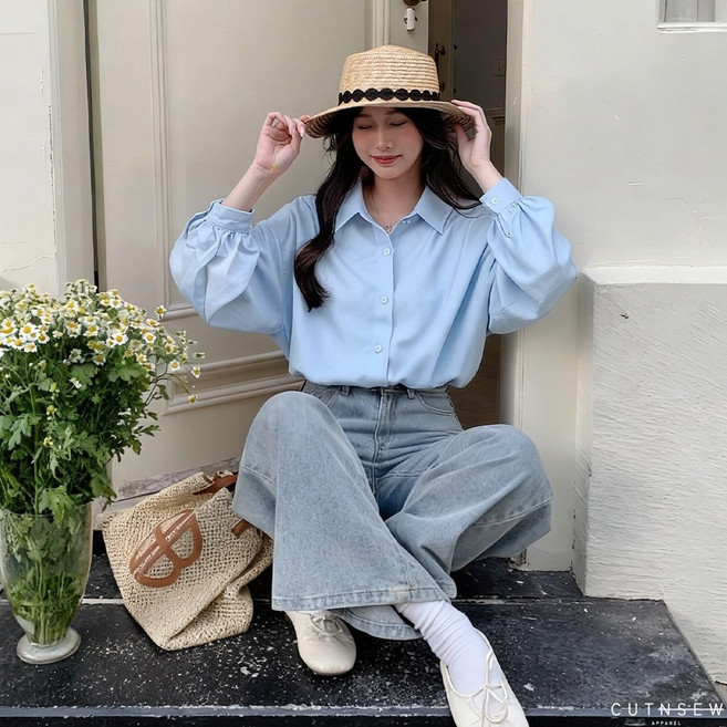 CUTNSEW 輕透休閒襯衫 長袖襯衫 寬鬆落肩 素色 垂感 翻領襯衫 OVERSIZE 混紡棉質