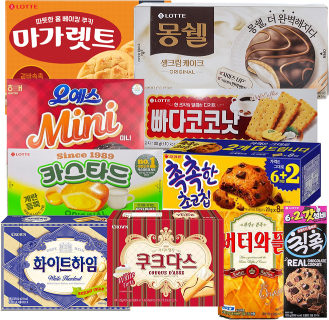 사무실 과자 10종 세트 마가렛트 몽쉘 버터와플 빠다코코낫 오예스미니 촉촉한초코칩 칙촉 카스타드 쿠크다스 화이트하임, 1세트, 과자10종