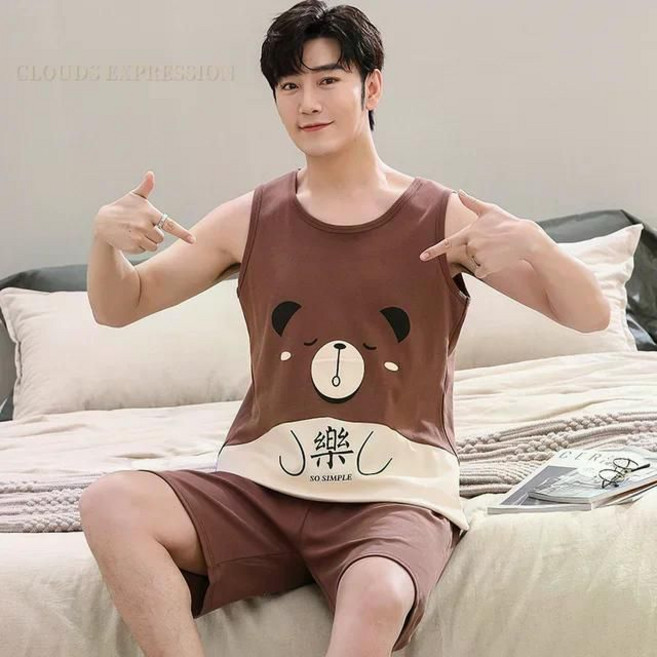 남성용 여름 니트 코튼 만화 오리 잠옷 세트 수면 및 라운지 민소매 반바지 커플 패션 홈웨어