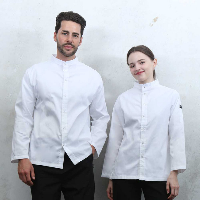 20수 면혼방 화이트 베이직 스탠딩카라 긴팔조리복 남녀공용 1개 업소용 식당 쉐프웨어 조리복 호텔 양식 레스토랑 카페 유니폼 전문쉐프복 쿡복 KO-165-1