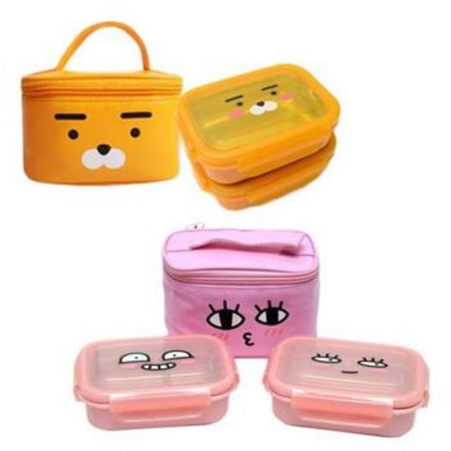 카카오프렌즈 캐릭터 2단 이중락 스텐 도시락통 간식통 어린이 유아 아기 초등 유치원 소풍, 이중락스텐가방도시락2단어피치, 1개