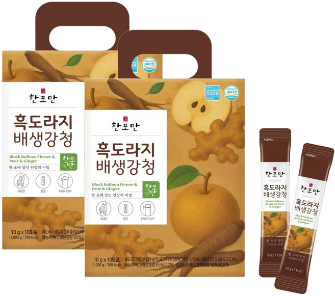 1 + 1 한포만 흑도라지 배생강청 스틱 진액 6년근홍삼 배합, 200개, 10ml