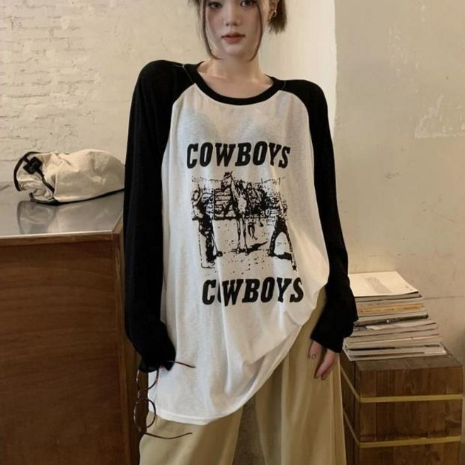 Skyciky 여성 배색 래글런 긴팔 티셔츠 여름 루즈핏 통풍 자외선 차단 상의 AA876