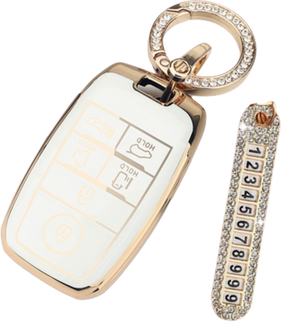 키에티 기아 올뉴카니발 6버튼 실버라인 차 키케이스 키홀더 + 분실방지 큐빅 전화번호판, 골드라인화이트