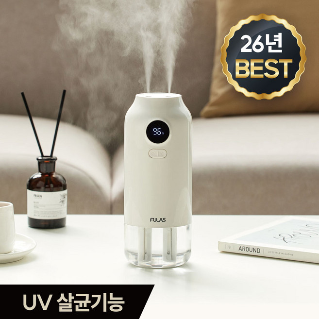 [26년 신제품] 풀라스 UV 살균 초음파 대용량 무선 미니 가습기 가정용 탁상용 휴대용 원룸 책상 사무실 소형 무소음 무드등 캠핑 텐트 차량용 통세척 room humidifier, 화이트