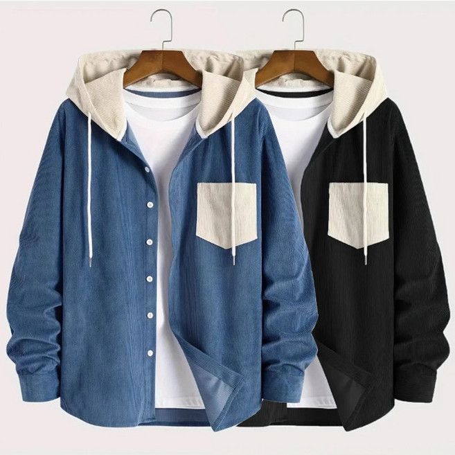 남자 코듀로이 배색 후드 긴팔 블라우스 티셔츠 캐주얼 봄가을 남방