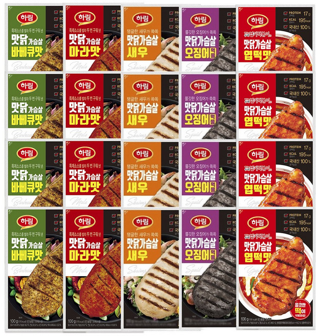 하림 맛닭가슴살 바베큐 마라 새우 오징어먹물 엽떡 100g 5종 각 4봉 (총 20봉), 20개