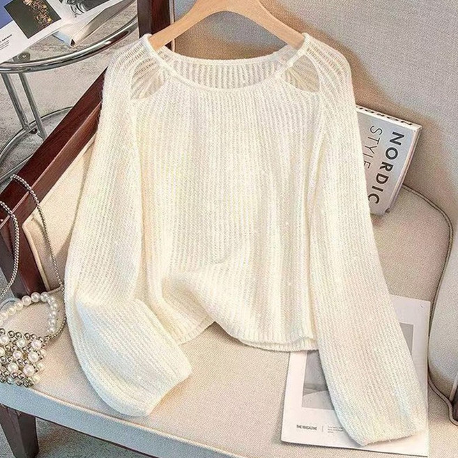 swygsqql 봄 여름 오픈숄더 니트 블라우스 루즈핏 라운드넥 나시 레이어드 여성 티셔츠