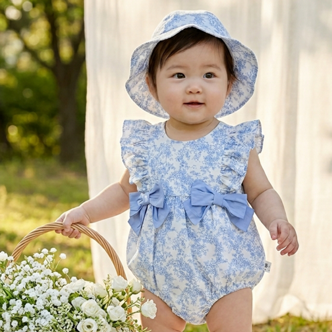 몽실이 블루리본 바디슈트 모자세트 유아 여아 여름 외출복