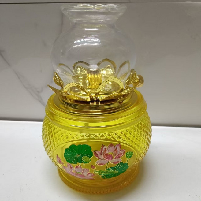 72小時防風玻璃酥油燈 蓮花油燈 佛前供燈 家用佛具 招財油燈座, 黃色蓮花