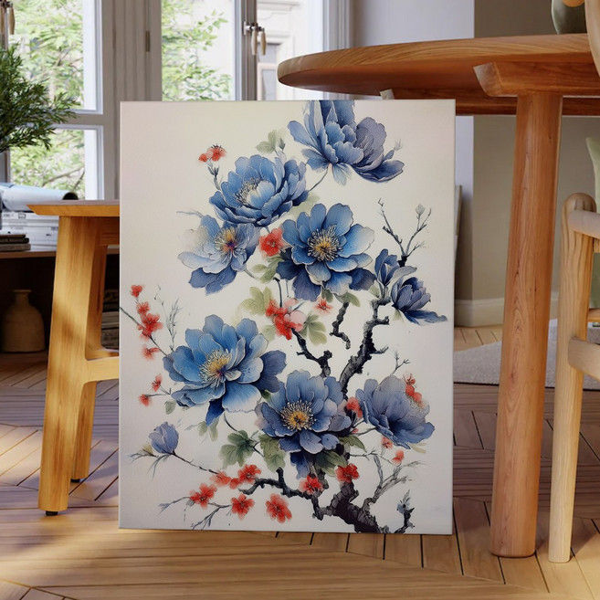 풍수 동양화 부귀화 모란꽃 인테리어 캔버스 그림액자 9종 집들이 개업선물 금전운 돈들어오는그림, 05.심상사성푸른꽃