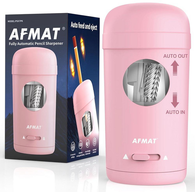 AFMAT 매트 전동 연필깎이 7-8mm 연필 및 색연필용 완전 자동 입력 출력 교실/가정/사무실용 충전식 수직 핸즈프리 연필깎이 PSX7(베이지) 125451, 핑크, 핑크