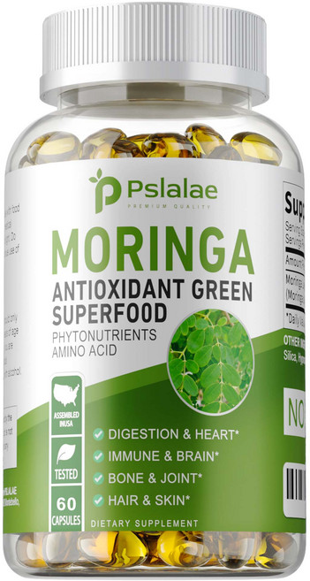 Pslalae Moringa 抗氧化綠色超級食物 適用於消化與心臟 免疫與腦部 骨骼與關節 頭髮與皮膚, 60