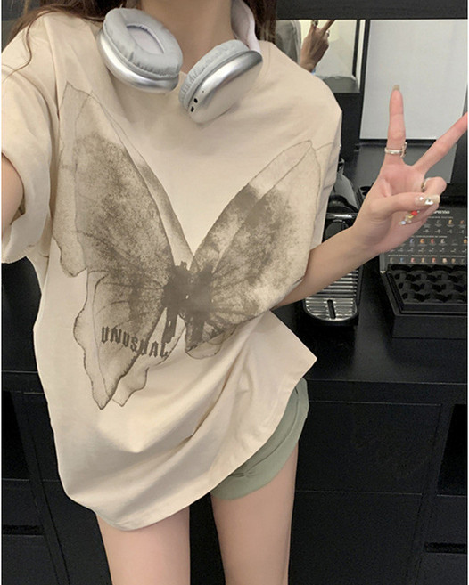 蝴蝶印花寬鬆短袖T恤 - 夏季減齡情侶上衣