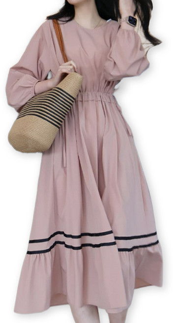 메리앤유 밑단 두줄 포인트 스판 소재 로맨틱 셔링 롱 원피스