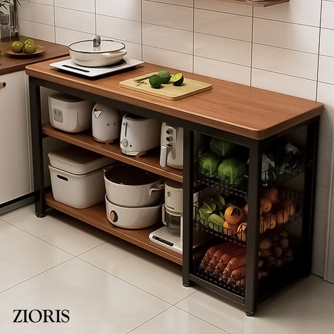 지오리스 더블&트리플 최대 하중 300kg 3단 와이드 아일랜드 주방 수납장, 블랙