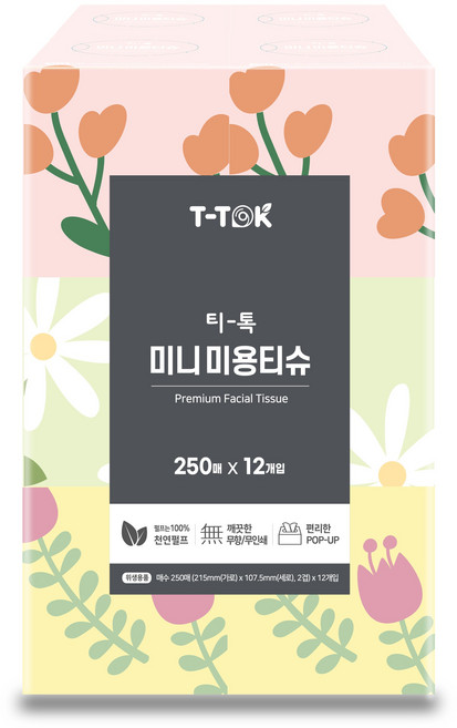 티톡 미니 미용티슈 2겹, 12개, 250매