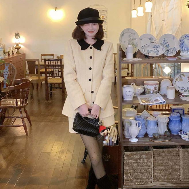 여성 트위드 자켓 + 치마 세트 클래식 울 혼방 자켓 스커트 트피스 레트로 디자인 YLP