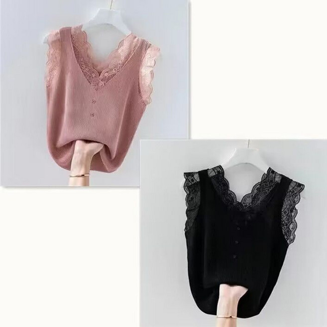 1+1 여성 민소매티 빅사이즈 레이스 패치 아이스 나시 얇은 민소매 상의 2피스 이너웨어 여자 나시 민소매 CJJ