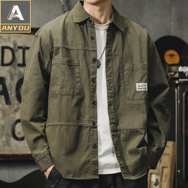 ANYOU 베이직 남성 코튼 셔츠 심플 긴팔 카디건 셔츠