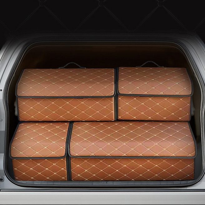 애플민트 다용도 자동차 차량용 트렁크 접이식 손잡이 수납 정리함, 브라운+골드퀼팅