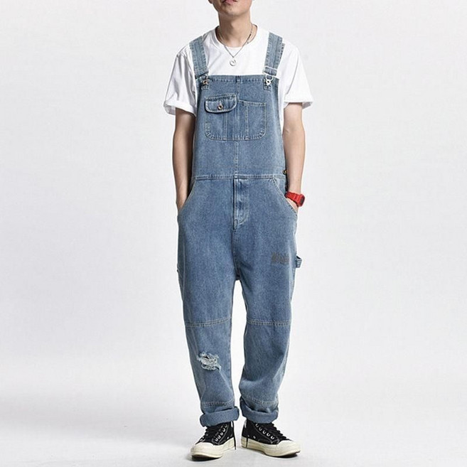 남성 멜빵 팬츠 캐주얼 봄 가을 민소매 점프슈트 루즈핏 남자 멀티포켓 카고 데님 바지 JZLYQ