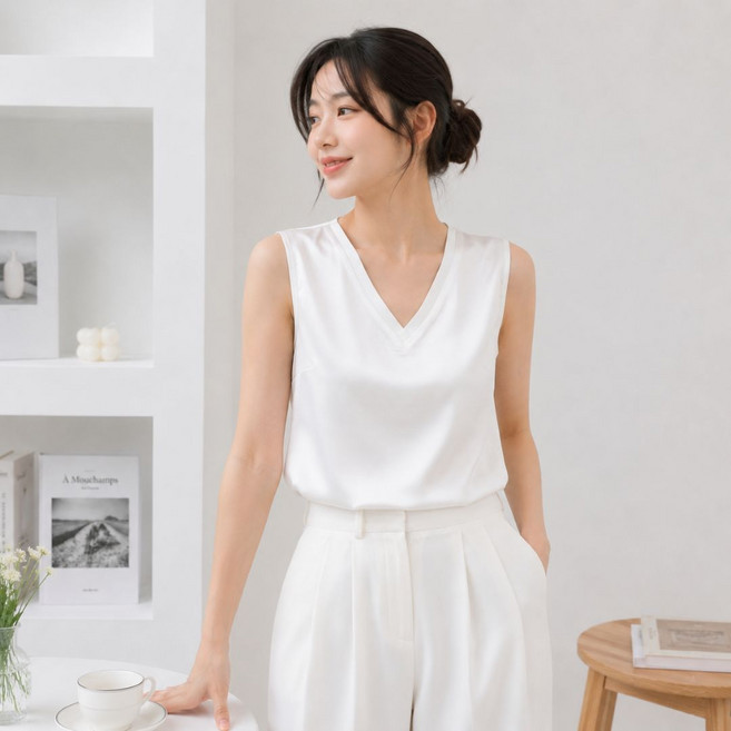 YEON HOME 시그니처 실키 새틴 브이넥 나시 블라우스