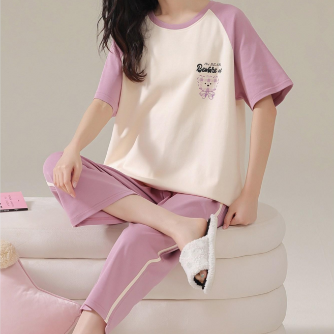 여성 라운드넥 곰돌이 체크 반팔 칠부바지 홈웨어 잠옷 세트