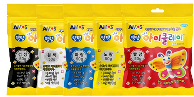 [아모스] 탱탱 아이클레이 키즈 50g 5색 1세트 5개, 흰색,검정,노랑,파랑,빨강, 1개