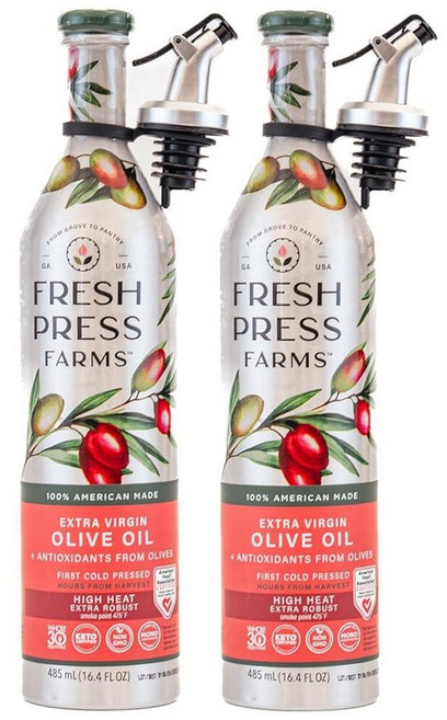 Fresh Press Farms 콜드 프레스 볼드 엑스트라 버진 올리브 오일 500ml(16.4온스) (2팩) 조지아 재배 100% 미국산 비정제 Whole30 인증, 고온