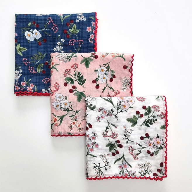 국산 면 여성 손수건 3장 1세트 쁘띠스카프 고급 목손수건 플라워 꽃무늬