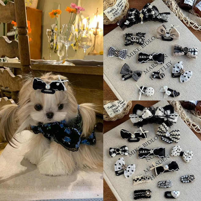 IPOBO 6pcs 귀여운 클래식 리본 강아지 헤어핀 세트 데일리 파티 촬영용 소형견 고양이 헤어 액세서리, 1개, 샤넬 스타일