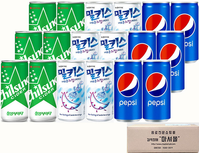 마셔몰 탄산음료 세트 밀키스 칠성사이다 펩시콜라 3가지맛 각 6캔씩 총18캔, 칠성사이다 밀키스 펩시콜라 미니캔 음료 190ml 3가, 190ml, 18개