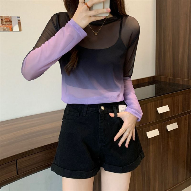 페이준 여성 봄 여름 얇은 그라데이션 반비침 긴팔티셔츠 섹시 망사 이너 티셔츠 YJ2560