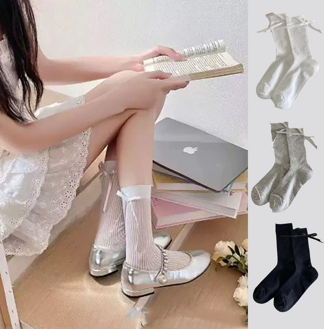 밀크린 리본 니삭스 여성용 데일리 골지 긴양말 롱 숏 반스타킹 3종 세트