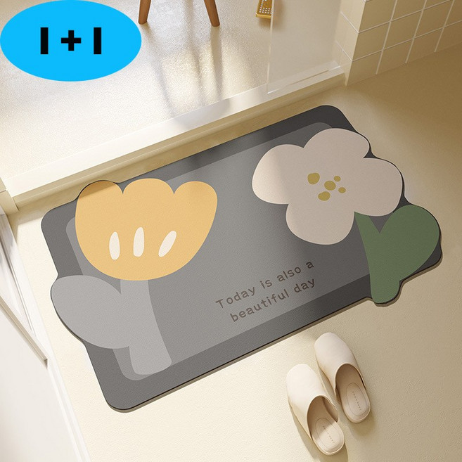 1+1부드러운 플라워 패턴 규조 머드 매트 속건 미끄럼 방지, 그레이 플라워, 2개