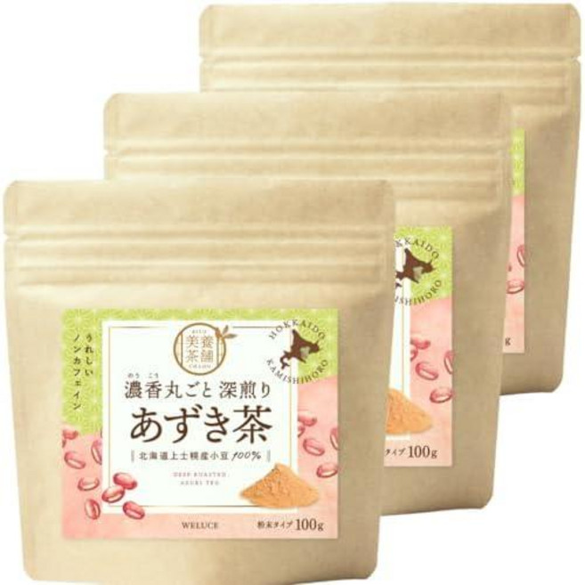 일본 직배송 비요차보 딥 로스티드 아즈키 티 파우더 100g - 홋카이도 가미시호로산 엘리모 함유 향긋한 볶은 차 카페인 무함유 저칼로리 폴리페놀 철 칼륨, 1