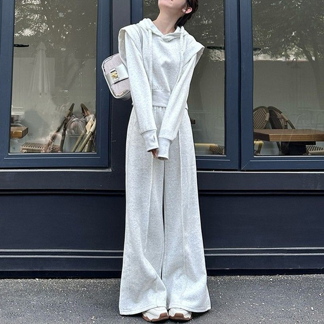 여성 루즈핏 후드티 밴딩 와이드 팬츠 캐주얼 트레이닝복 세트 상하 투피스 슬림소녀