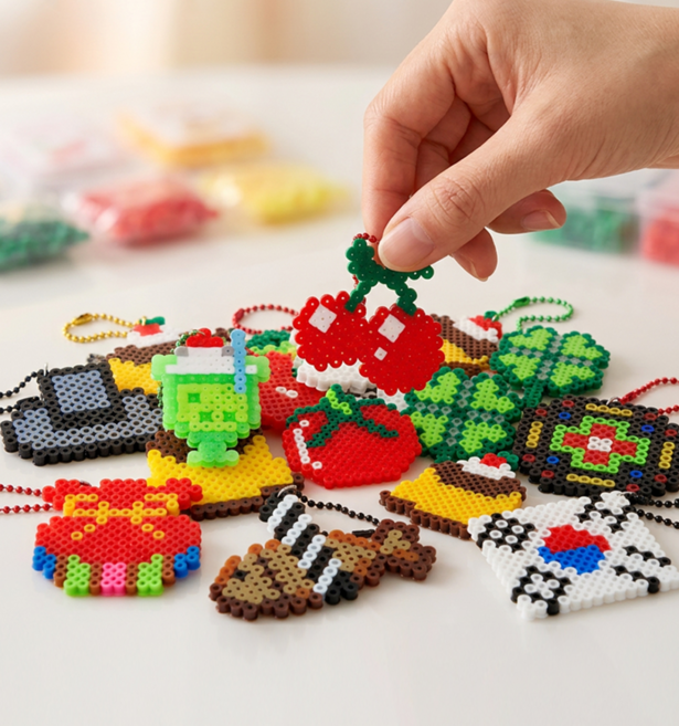 컬러 비즈 키링 DIY 만들기 키트 세트 [10종 도안 펄러비즈 다리미 픽셀 아트 멜팅 젤리 방과후 장난감 미술 그리기 수업 체험 재료 공예 놀이 취미 템], 1개, 네잎클로버