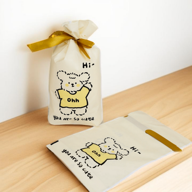 시선레드 구디백 간식 포장 리본 선물봉투 하이시브 복주머니(23*15*6cm), 옐로우 곰돌이, 24매