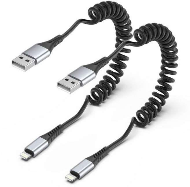 코일 USB C 케이블 2개 세트 타입 차량용 짧은 리트랙터블 아이폰 16 15 프로 맥스 갤럭시 S23 S22 모토 G8 구글 픽셀 카플레이 코드 USA, USB-A to Lightning