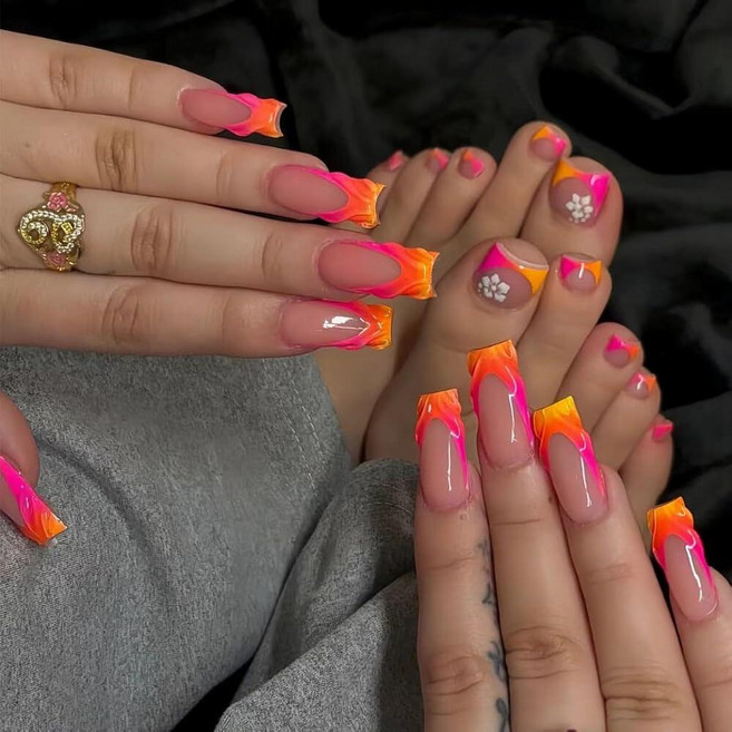Curvlife Press on Toenails Short Design Acrylic Fake Toe Nails Stick On Foot Glossy White French T, 꽃무늬 프렌치