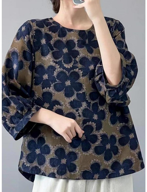 중년 여자 라운드넥 긴팔 티셔츠 봄 가을 엄마복 루즈핏 플라워 면마 8부 티셔츠 JXH