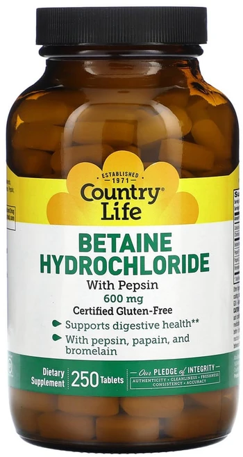 컨트리라이프 베타인 염산염 펩신 베테인 HCL 소화효소제 600mg 250정, 1개 - 쿠팡